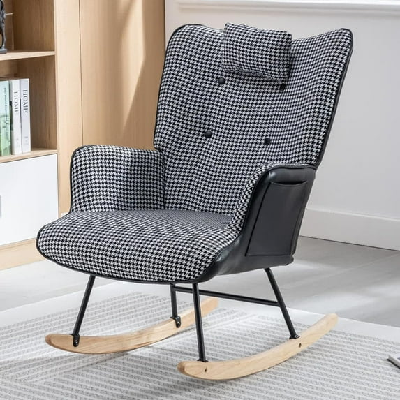 Tabaray Kids Rocking Chair Nursery, Modern Houndstooth Rocking Armchair with Headrest,Side Pocket, Comfy Wingback Baby Rocker Glider Chair for Nursery, Living Room, Bedroom, Houndstooth Black