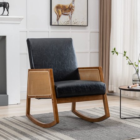 Tabaray Leather Rocking Chair Nursery,Mid Century Rocking Chair with Arms,Wooden Rocker Recliner Chair for Kids Baby,Living Room,Bedroom,Nursery (Black PU)