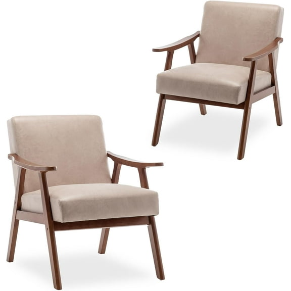 Tabaray Living Room Chairs, Mid Century Modern Accent Chair Set of 2, Armchair, Rustic Lounge Chair with Wood Frame, Comfortable Microfiber Side Chair for Bedroom, Reading Nook Chairs, Light Camel