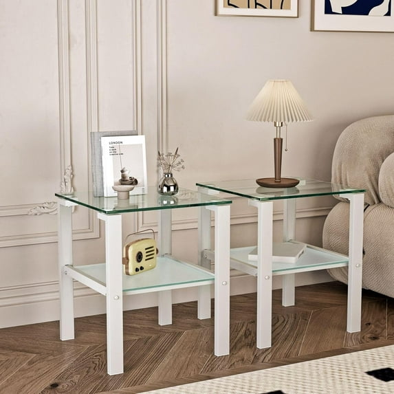 Tabaray Modern 2-Tier Tempered Glass End Table Set of 2, Square Sofa Side Table with Open Storage Shelf and Metal Legs, Nightstands for Bedroom Living Room Office, Transparent & White