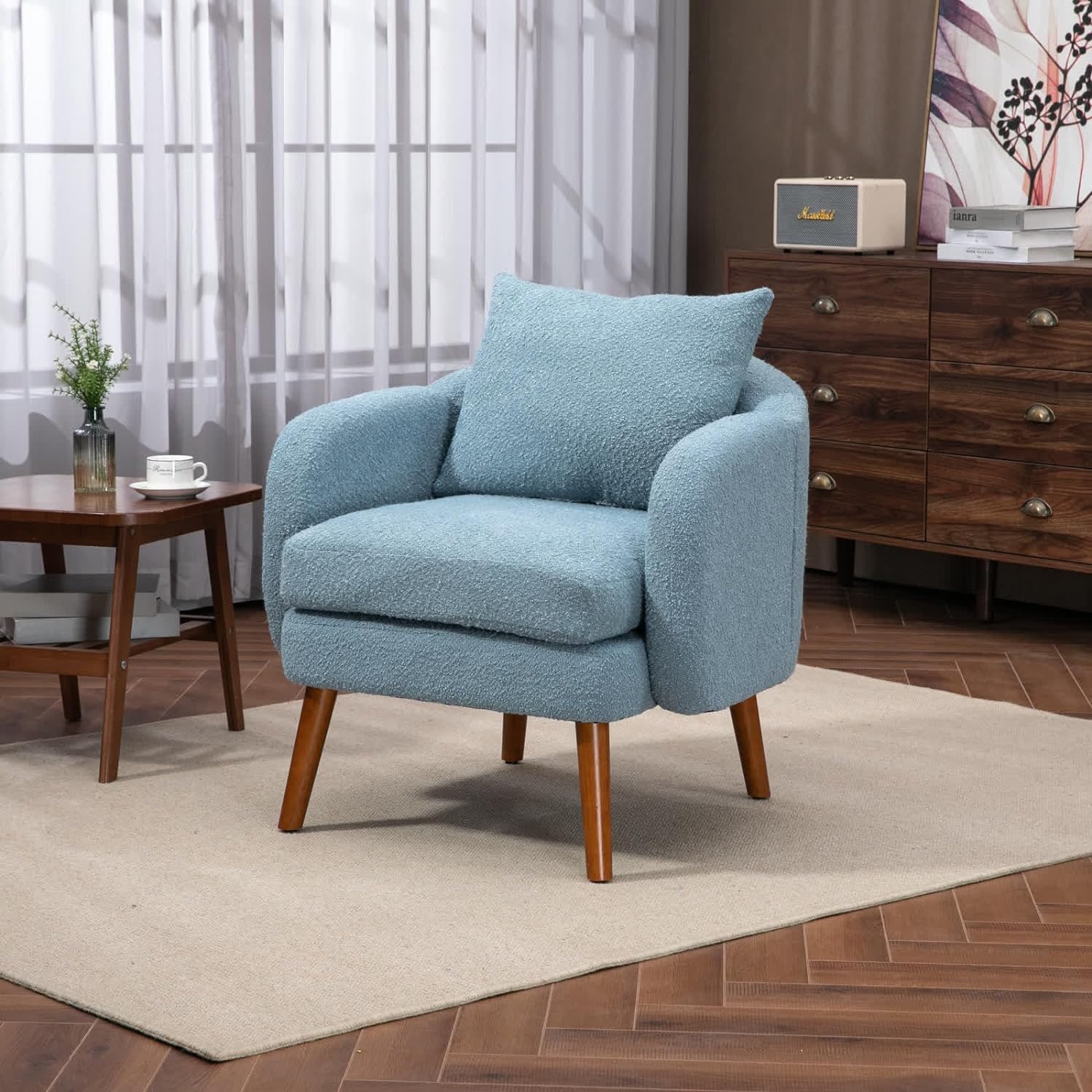 Tabaray Modern Accent Chair, Round Comfy Armchair, with Pillow, Wood