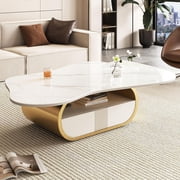 Tabaray Modern Cloud Coffee Table Luxury Sintered Stone Top Coffee Table with Sculptural Geometric Stainless Steel Base and Storage Drawer,White Marble Grain Center Table for Living Room,Gold