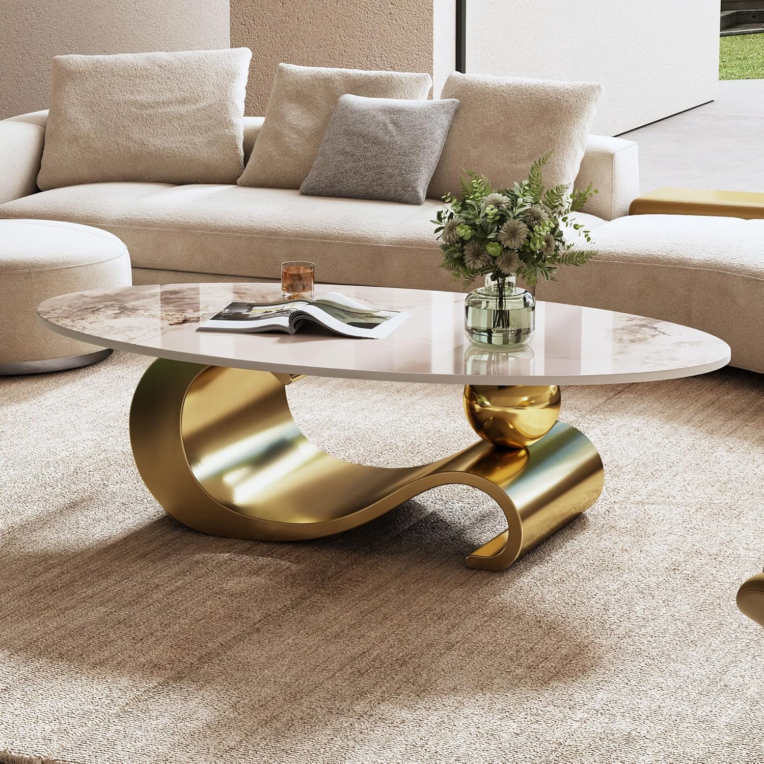 Tabaray Modern Oval Coffee Table Luxury Sintered Stone Top Coffee Table with Sculptural Geometric S-Shape Stainless Steel Base,Mid-Century Marble Grain Center Table for Living Room,Gold