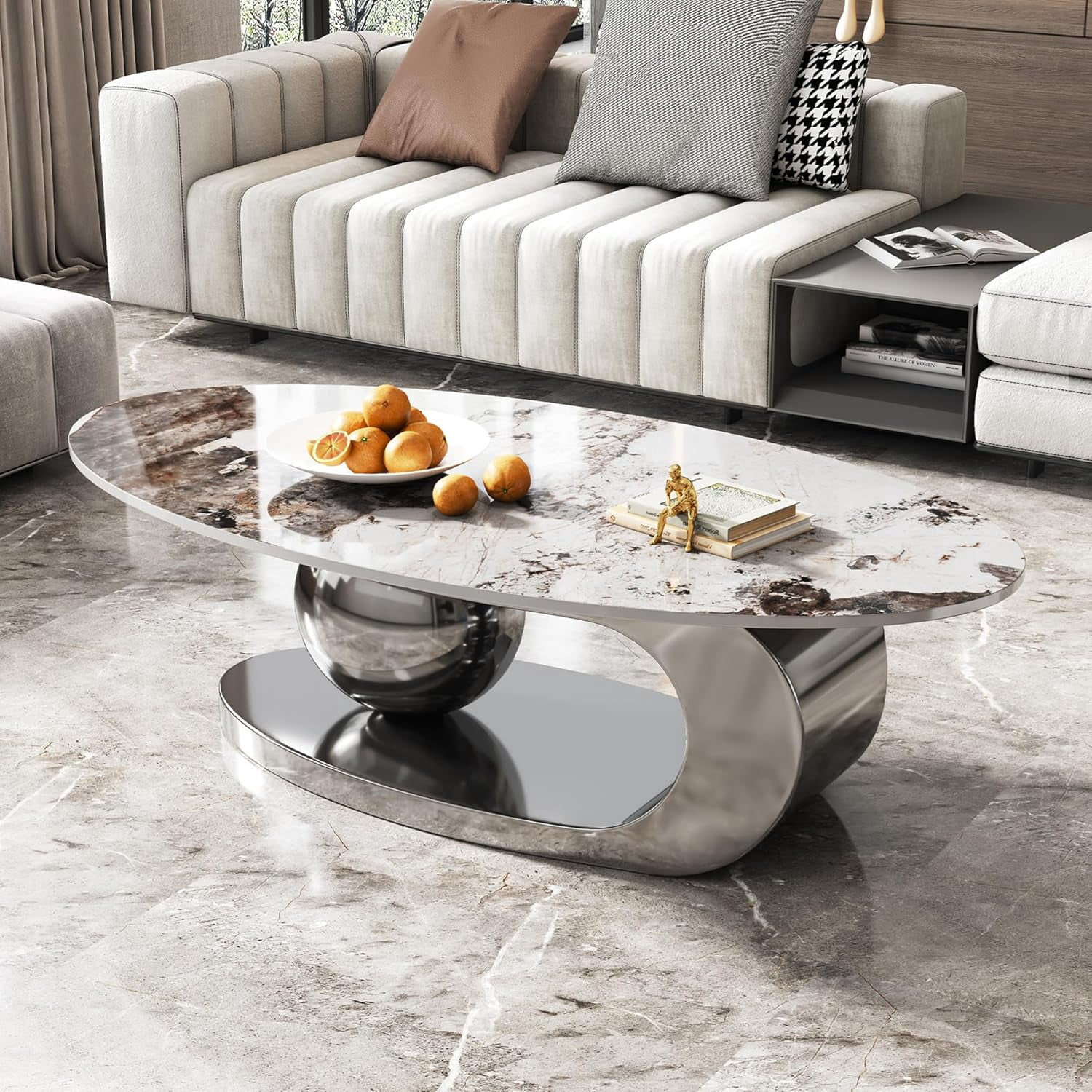 Tabaray Modern Oval Coffee Table Luxury Sintered Stone Top Coffee Table with Sculptural Geometric Stainless Steel Base,Mid-Century Marble Grain Center Table for Living Room,Grey