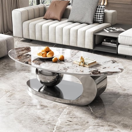 Tabaray Modern Oval Coffee Table Luxury Sintered Stone Top Coffee Table with Sculptural Geometric Stainless Steel Base,Mid-Century Marble Grain Center Table for Living Room,Grey