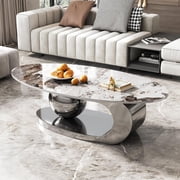 Tabaray Modern Oval Coffee Table Luxury Sintered Stone Top Coffee Table with Sculptural Geometric Stainless Steel Base,Mid-Century Marble Grain Center Table for Living Room,Grey