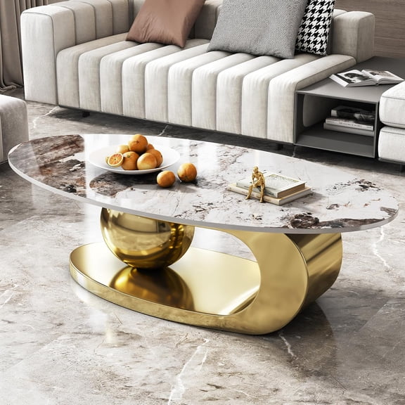 Tabaray Modern Oval Coffee Table Luxury Sintered Stone Top Coffee Table with Sculptural Geometric Stainless Steel Base,Mid-Century Marble Grain Center Table for Living Room,Gold