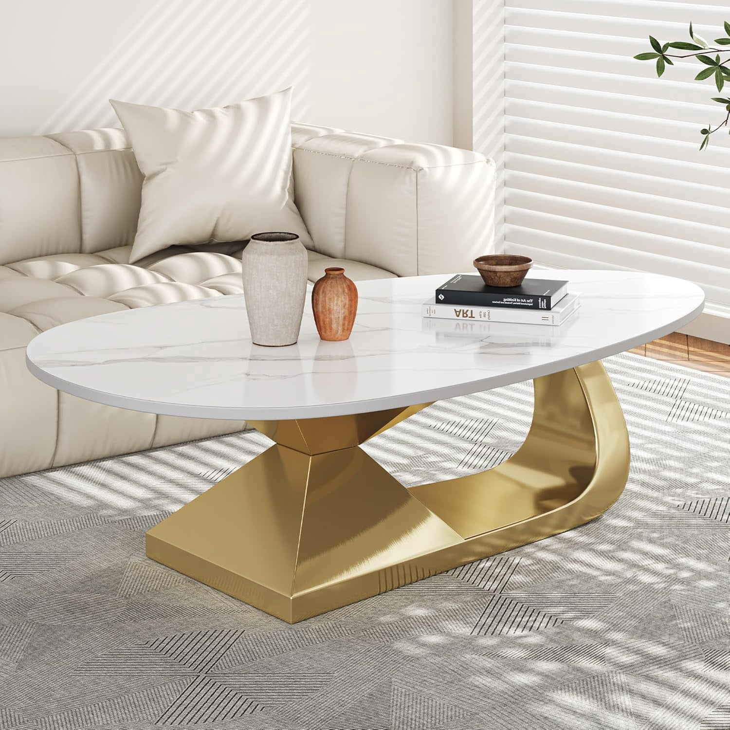Tabaray Modern Oval Coffee Table Luxury Sintered Stone Top Coffee Table with Sculptural Geometric Stainless Steel Base,Mid-Century Marble Grain Center Table for Living Room,Gold