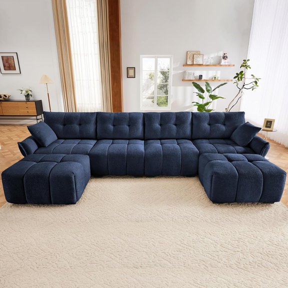 Tabaray Modular Sectional Sofa,Cloud Sectional Couch with Deep Seat,Modern Modular Couch with Movable Ottoman,Chenille Sofa with Throw Pillows for Living Room,Bedroom (142"-U Shape,Blue)