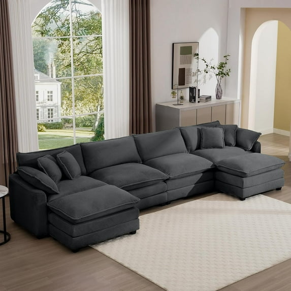 Tabaray Modular Sectional Sofa, U Shaped Corduroy Upholstered Cloud Couch with 2 Ottomans, 4 Seater Comfy Sleeper Deep Seat Sofa for Living Room, Apartment, Studio, Office Grey