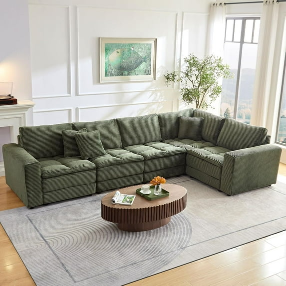 Tabaray Oversized Sectional Sofa Couch, L Shaped Modular Corner Couch with Deep Seat, Comy Corduroy Upholstered 4 Seat, Convertible Sleeper Sofa for Living Room, Home Sofa Set, Green