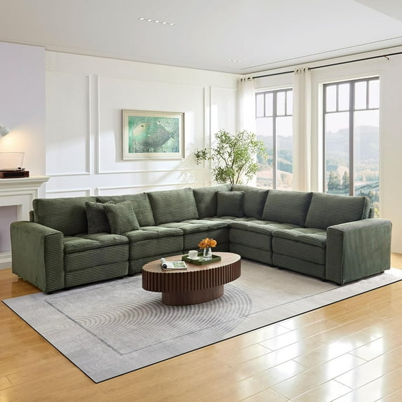 Tabaray Oversized Sectional Sofa Couch, L Shaped Modular Corner Couch with Deep Seat, Comy Corduroy Upholstered 6 Seat, Convertible Sleeper Sofa for Living Room, Home Sofa Set, Green