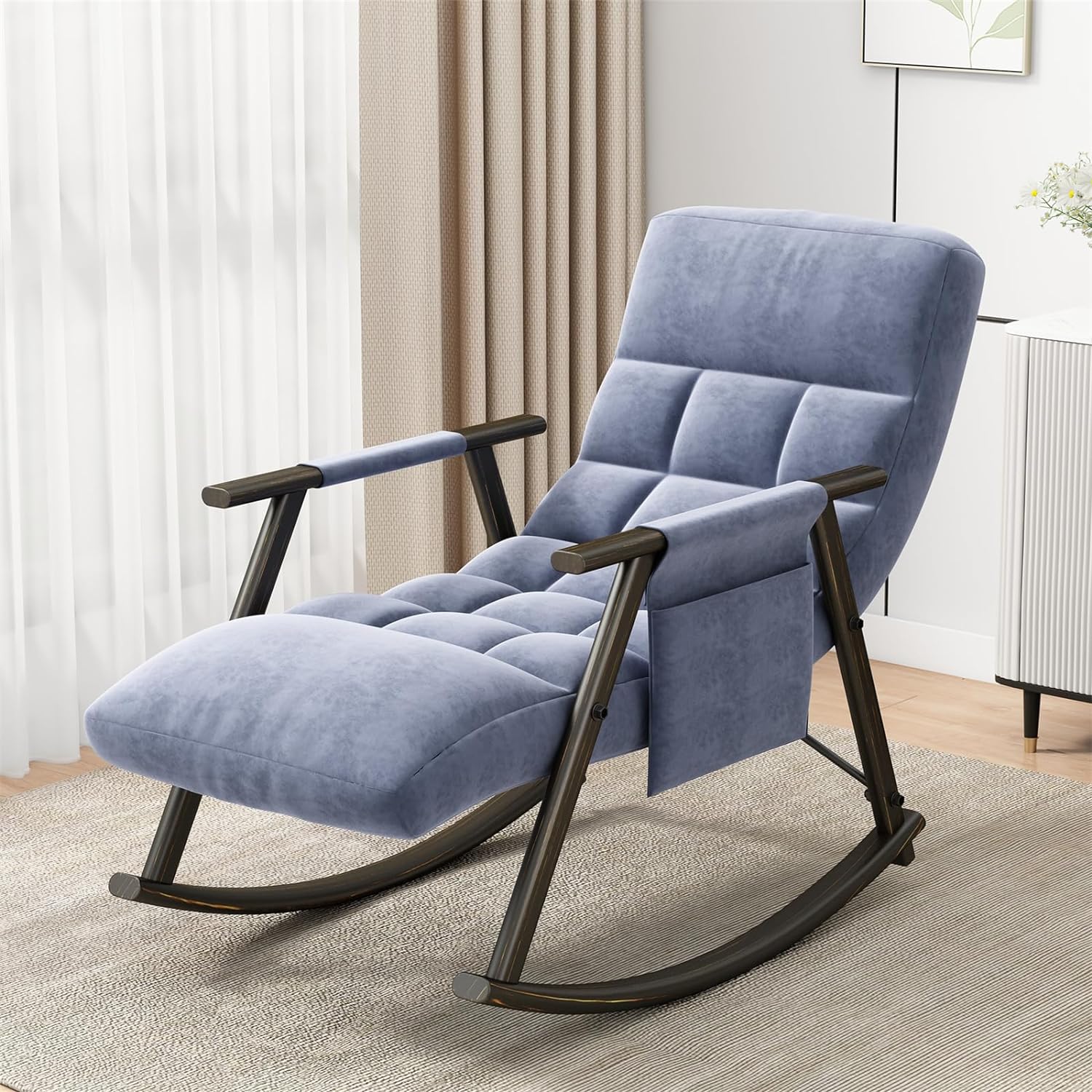 Resting Ona Rocking Char Tabaray Rocking Chair with Adjustable Back & Foot Rest, Velvet ...