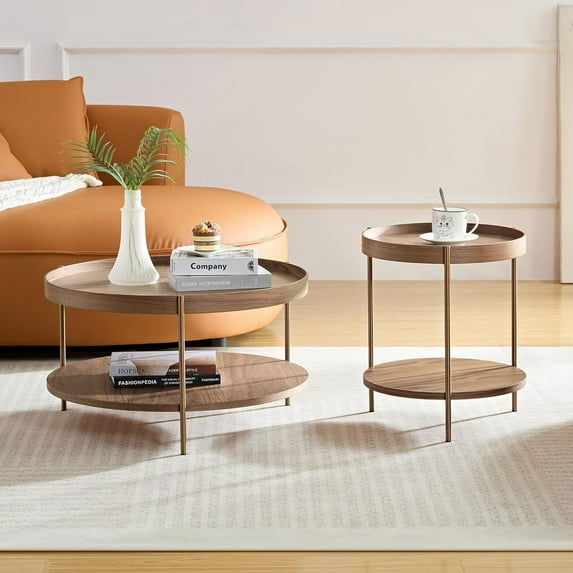 Tabaray Round Coffee Table Set of 2, 2 Tier Wood Coffee Table with Storage, Living Room Coffee Table, 2pc Nesting Circle Coffee Table Set for Apartment Home Office Walnut
