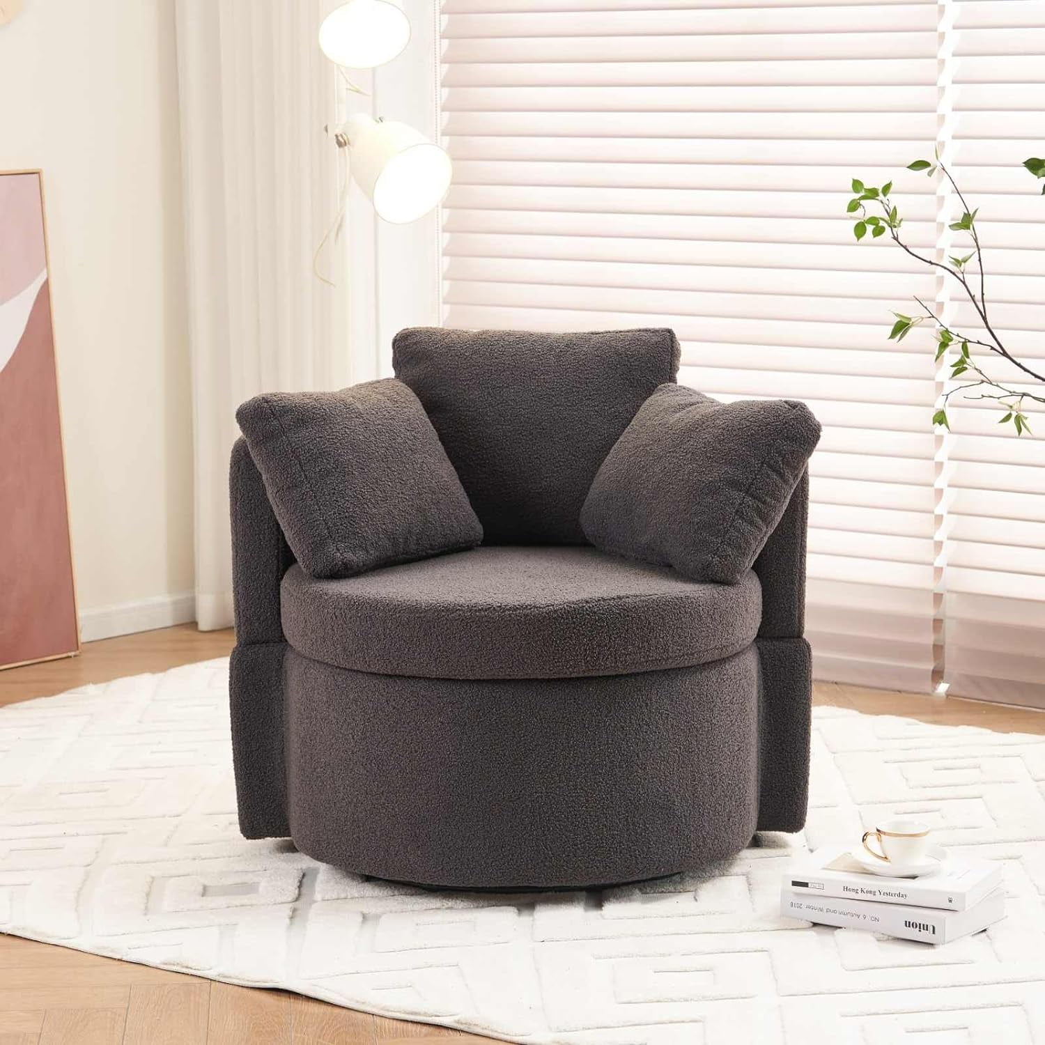 Tabaray Round Swivel Chair Modern Teddy Fabric Swivel Chair with Storage and Back Cushion Foam Filled 3 Throw Pillows for Living Room Bedroom Reading Room Nursery Walmart Business Supplies