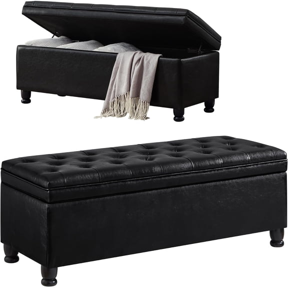 Tabaray Storage Bench, Linen Upholstered Bed End Storage Ottoman Bench,Tufted 45" Long Ottoman Bench with Storage for Bedroom, Living Room Entryway Window (Black PU 45")