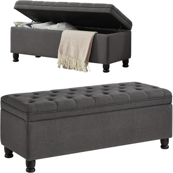 Tabaray Storage Bench, Linen Upholstered Bed End Storage Ottoman Bench,Tufted 45" Long Ottoman Bench with Storage for Bedroom, Living Room Entryway Window (Dark Grey 45")
