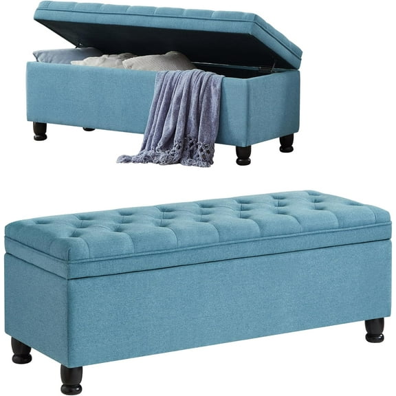 Tabaray Storage Bench, Linen Upholstered Bed End Storage Ottoman Bench,Tufted 45" Long Ottoman Bench with Storage for Bedroom, Living Room Entryway Window (Light Blue 45")