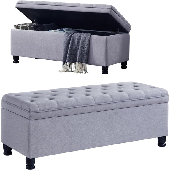 Tabaray Storage Bench, Linen Upholstered Bed End Storage Ottoman Bench,Tufted 45" Long Ottoman Bench with Storage for Bedroom, Living Room Entryway Window (Light Grey 45")