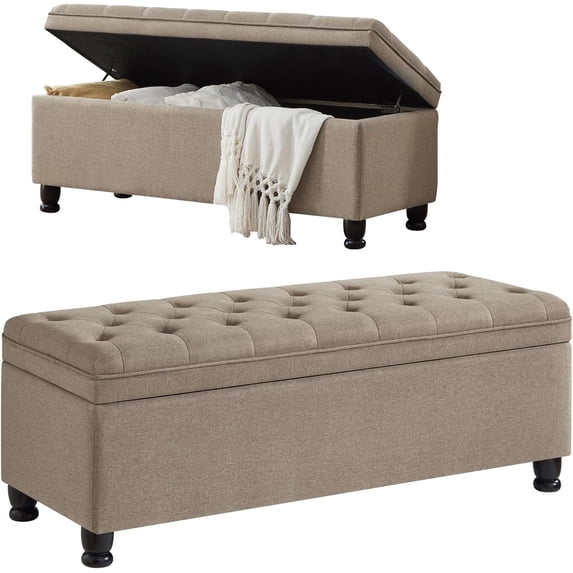 Tabaray Storage Bench, Linen Upholstered Tufted Ottoman Bench, 45" Long with Storage for Bedroom, Living Room, Entryway (Light Brown 45")