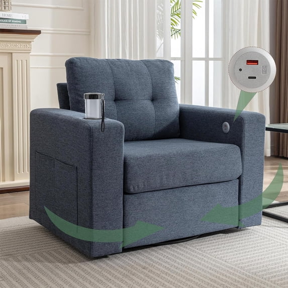 Tabaray Swivel Accent Chair, Recliner Armchair, Modern Round Barrel Chair with Storage Pocket, Single Sofa with Cup Holder and Cushion for Living Room, Bedroom, Guest Room, Office