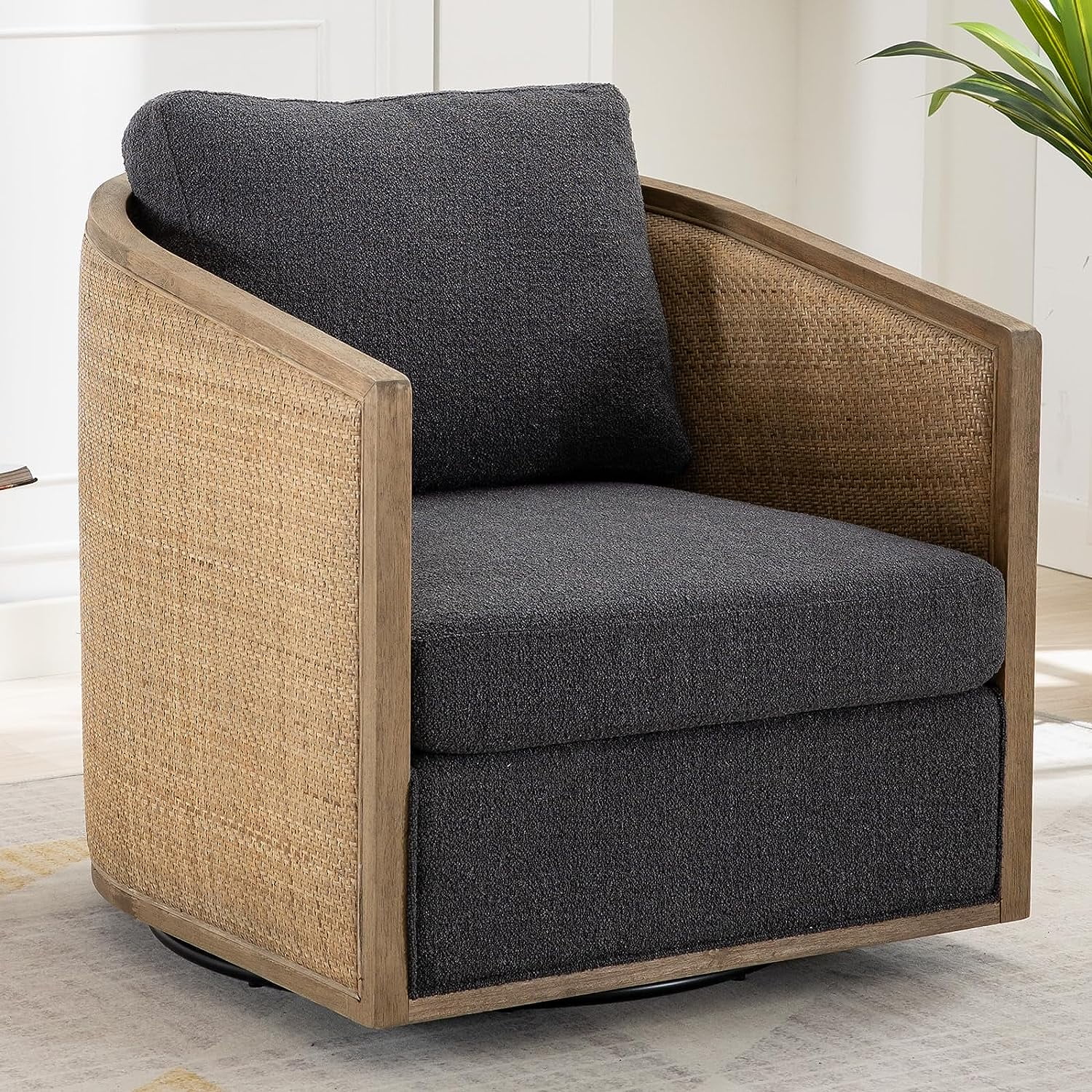 Tabaray Ergonomic Swivel Barrel Chair, Rattan Accent with Cushion Back