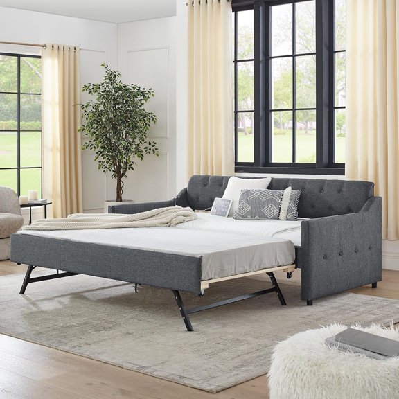 Tabaray Twin Day Bed with Pop Up Trundle,Linen Button Tufted Extending Sofa Couch Bed w USB&Type C Port,Upholstered Wood Daybed Frame for Livingroom,Bedroom,Guest Room,No Box Spring Needed(Dark Grey)