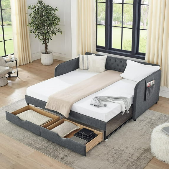 Tabaray Twin Size Day Bed with Trundle,Linen Extending Upholstered Sofa Couch Bed w 2 Storage Drawer,Button Tufted Wood Daybed Frame for Living Room,Bedroom,Guest Room,No Box Spring Needed(Dark Grey)