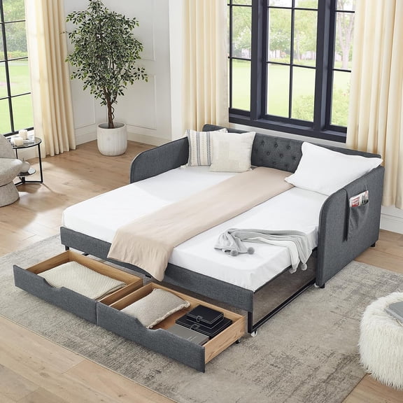 Tabaray Twin Size Day Bed with Trundle,Linen Extending Upholstered Sofa Couch Bed w 2 Storage Drawer,Button Tufted Wood Daybed Frame for Living Room,Bedroom,Guest Room,No Box Spring Needed(Dark Grey)