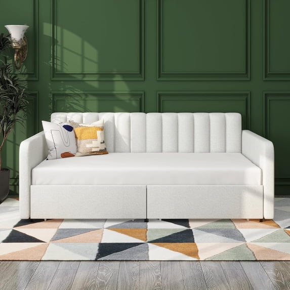 Tabaray Twin Size Daybed Upholstered Futon Sofa Bed with 2 Drawers Storage, Ribbed Tufted Backrest Lavish Modern Design, Couch Bed Frame for Bedroom Living Room Guest Room Apartment, Ivory Boucle