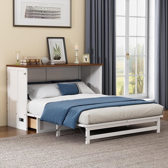 Tabaray Wood Murphy Bed Chest, Full Size Foldable Platform Bed Frame with Charging Station and Large Storage Drawer, Muti-Functional Cabinet Bed for Home Office or Small Room