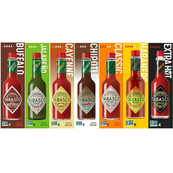 Tabasco Hot Sauce Variety Pack, 7 Flavors (Original, Green, Garlic, Buffalo, Chipotle, Habanero, Scorpion), 5 Fluid Ounce each Bottle