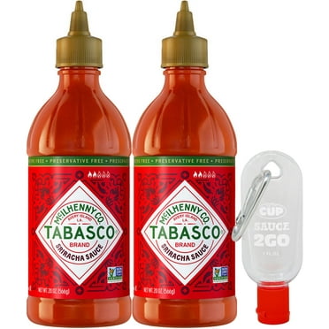 Tabasco Sriracha Sauce, Non-GMO, Gluten-Free, Kosher, 20 Ounce Bottle (Pack of 2) with By The Cup Sauce 2 Go 1 oz Keychain Bottle
