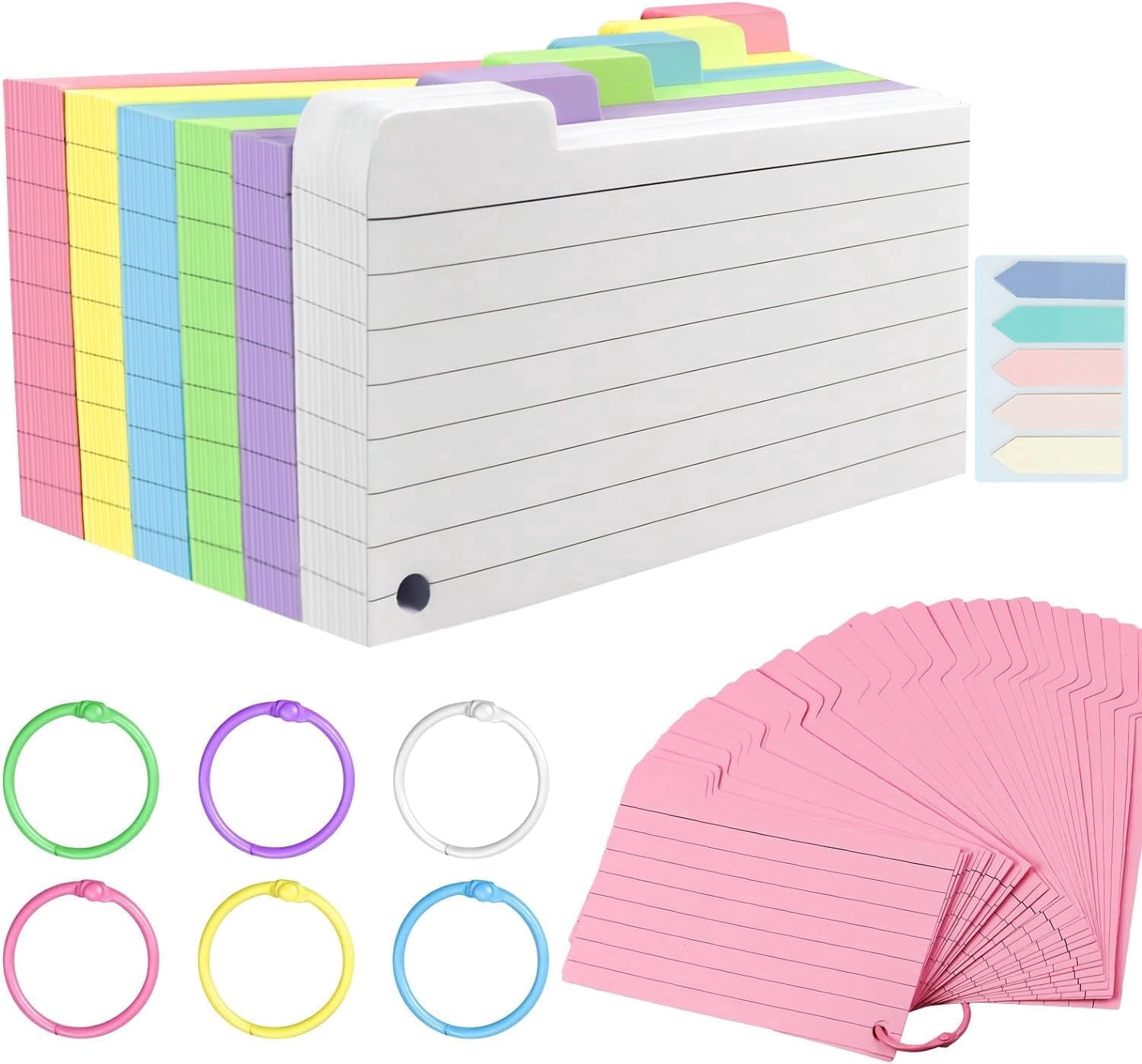 Tabbed Index Cards 300PCS, Colored Flash Cards with Ruled Lines, 6 Rings & Index Tabs Included, Punched Note Cards for Study, Note Taking, To-Do Lists, Home Office & Classroom Supplies