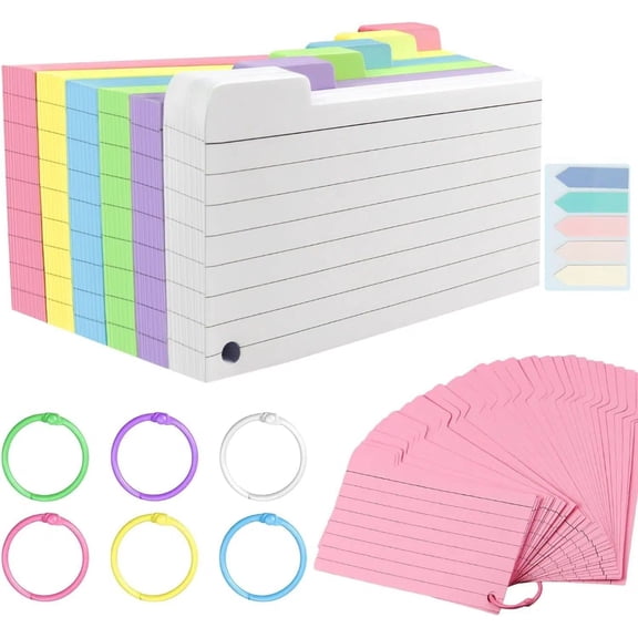 300 PCS Coloured Tabbed Index Cards, 6-Ring Punched for Learning, Note Taking & To Do Lists