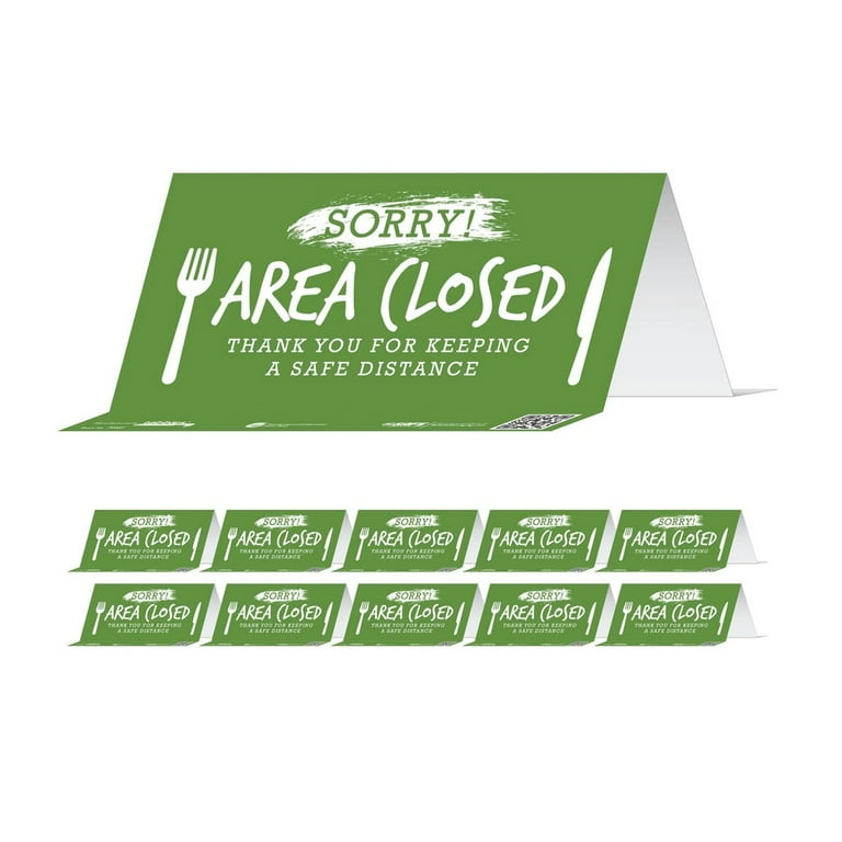 BeSafe Messaging Table Top Tent Card, 8 x 3.87, Sorry! Area Closed Thank You For Keeping A Safe Distance, Green, 10/Pack BeSafe Messaging Table Top Tent Card, 8 x 3.87, Sorry! Area Closed Thank You For Keeping A Safe Distance, Green, 10/Pack