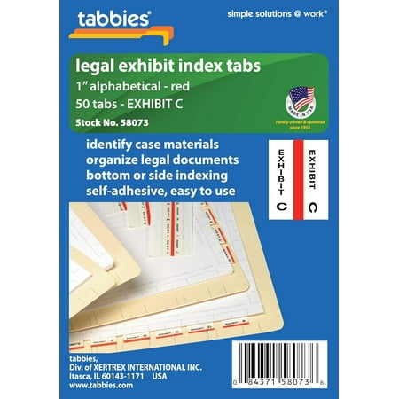 Tabbies Legal Alphabetical Exhibit Index Tabs, 1" Tabs, Red Color Edge,"Exhibit C" 50 Tabs/Pack (58073)