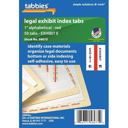 Tabbies Legal Alphabetical Exhibit Index Tabs, 1" Tabs, Red Color Edge, Exhibit E" 50 Tabs/Pack (58075)