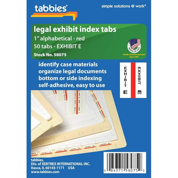 Tabbies Legal Alphabetical Exhibit Index Tabs, 1" Tabs, Red Color Edge, Exhibit E" 50 Tabs/Pack (58075)