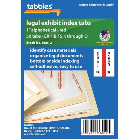 Tabbies Legal Alphabetical Exhibit Index Tabs, 1" Tabs, Red Color Edge, Exhibit K - O", 50 Tabs/Pack (58012)