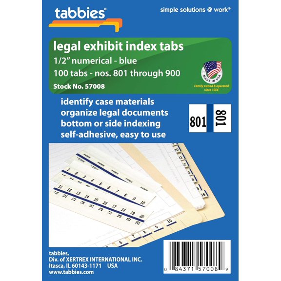Tabbies Legal Numerical Exhibit Index Tabs #801-900, Blue Color Edge, 1/2" Tabs, 100 Tabs/Pack (57008)
