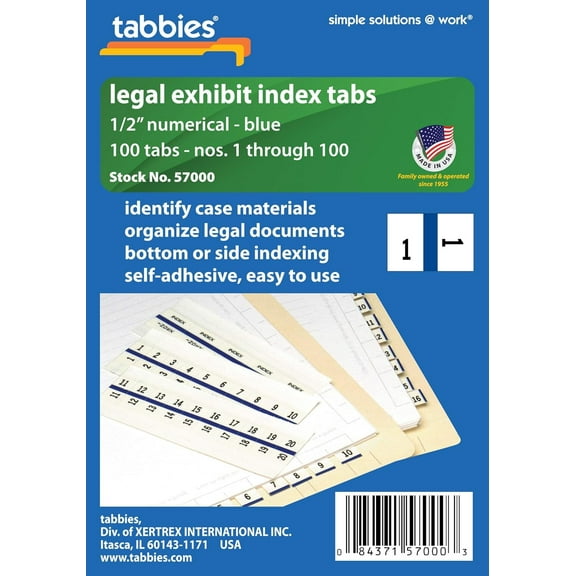 Tabbies Legal Numerical Exhibit Index Tabs, Blue Color Edge, 1/2" Tabs, 100 Tabs/Pack (57000), #1-100