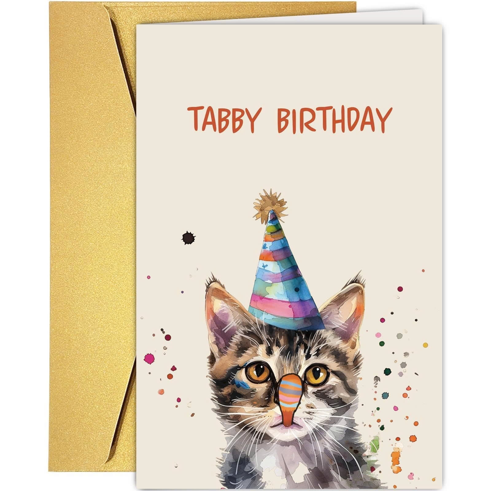 Tabby Birthday Card – Adorable Cat Illustration with Party Hat – Blank ...