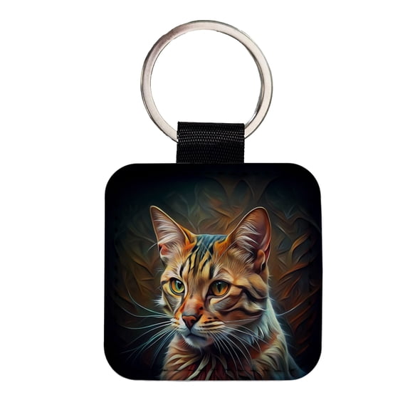 Tabby Cat Abstract Stylized Art Faux Leather Square Keychain