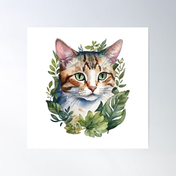 Tabby Cat And Botanical Leaves Poster Wall Art, Modern Wall Decor For Living Room Bedroom, 30x30 UNFRAMED