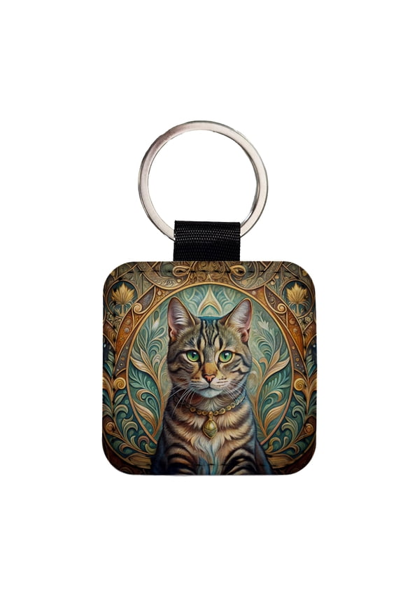 Tabby Cat Art Nouveau Faux Leather Square Keychain
