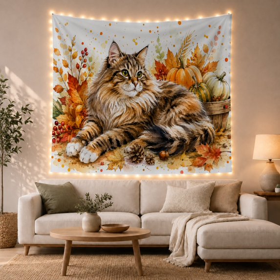 Tabby Cat in Autumn Leaves with Pumpkins, Cozy Watercolor for Cat Lovers, Seasonal Animal Wall Art Thanksgiving Gift, Tapestry Wall Hanging for Bedroom and Living Room