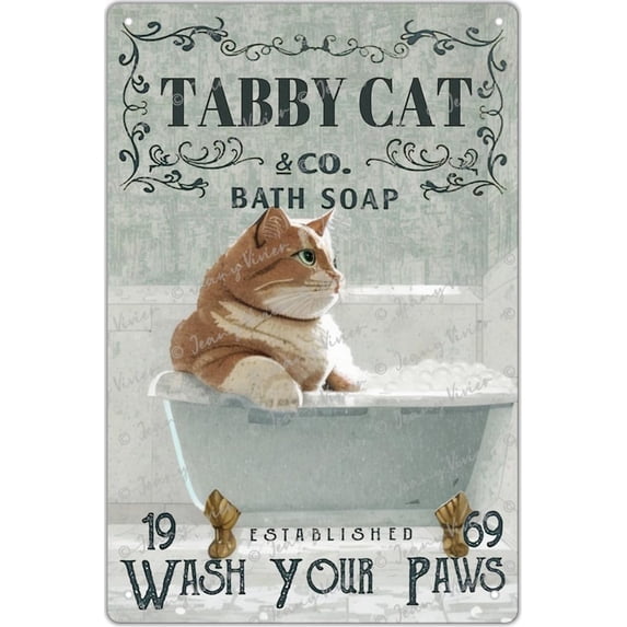 Tabby Cat Bath Soap Novelty Tin Sign Kitten Vintage Wash Your Paws Poster for Home Bathroom Garage Bar Club Bedroom Cafe Club Pub Bar Wall Decoration Nursery Decor School Decor 12x8 Inches