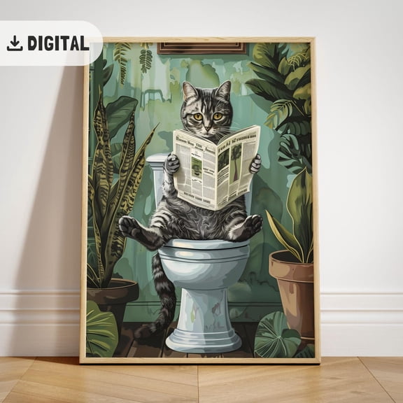 Tabby Cat Bathroom Poster, Grey Cat Reading On Tet Wall Art, Vintage Cat Pooping Wall Decor Restroom Decoration, Cat Wc Art, Unframed Poster Size 8x12