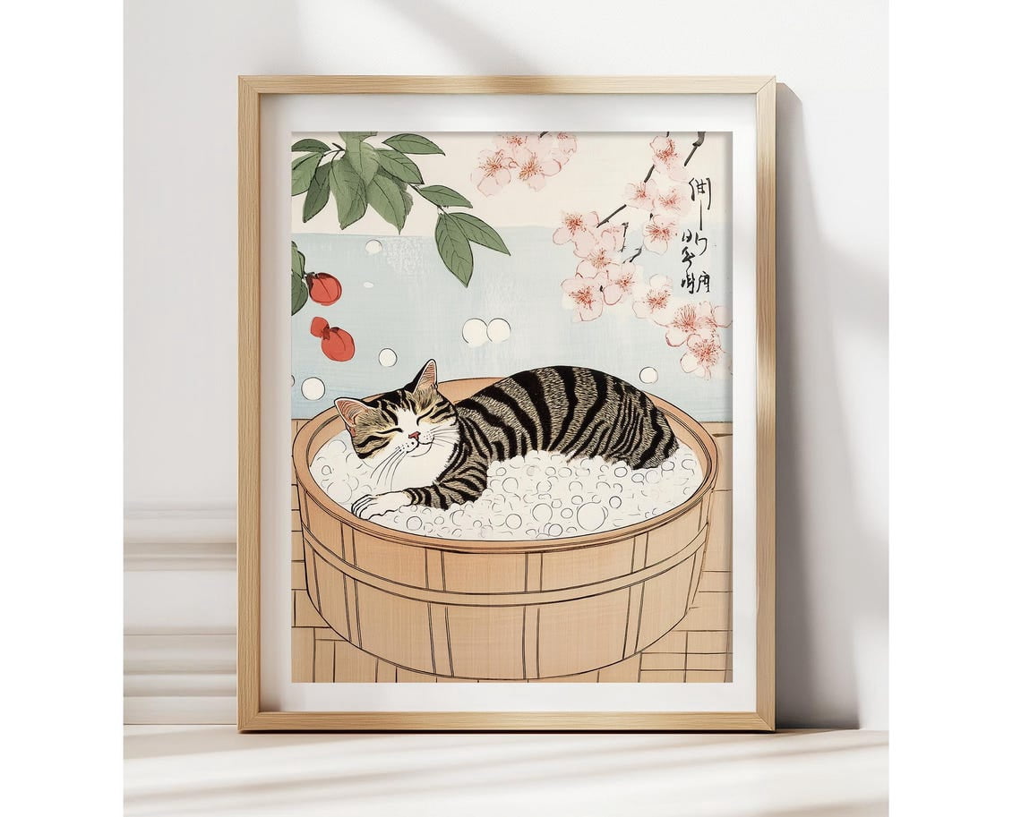 Tabby Cat In Bathtub Poster Zen Wall Art Japanese Art Print Japandi ...
